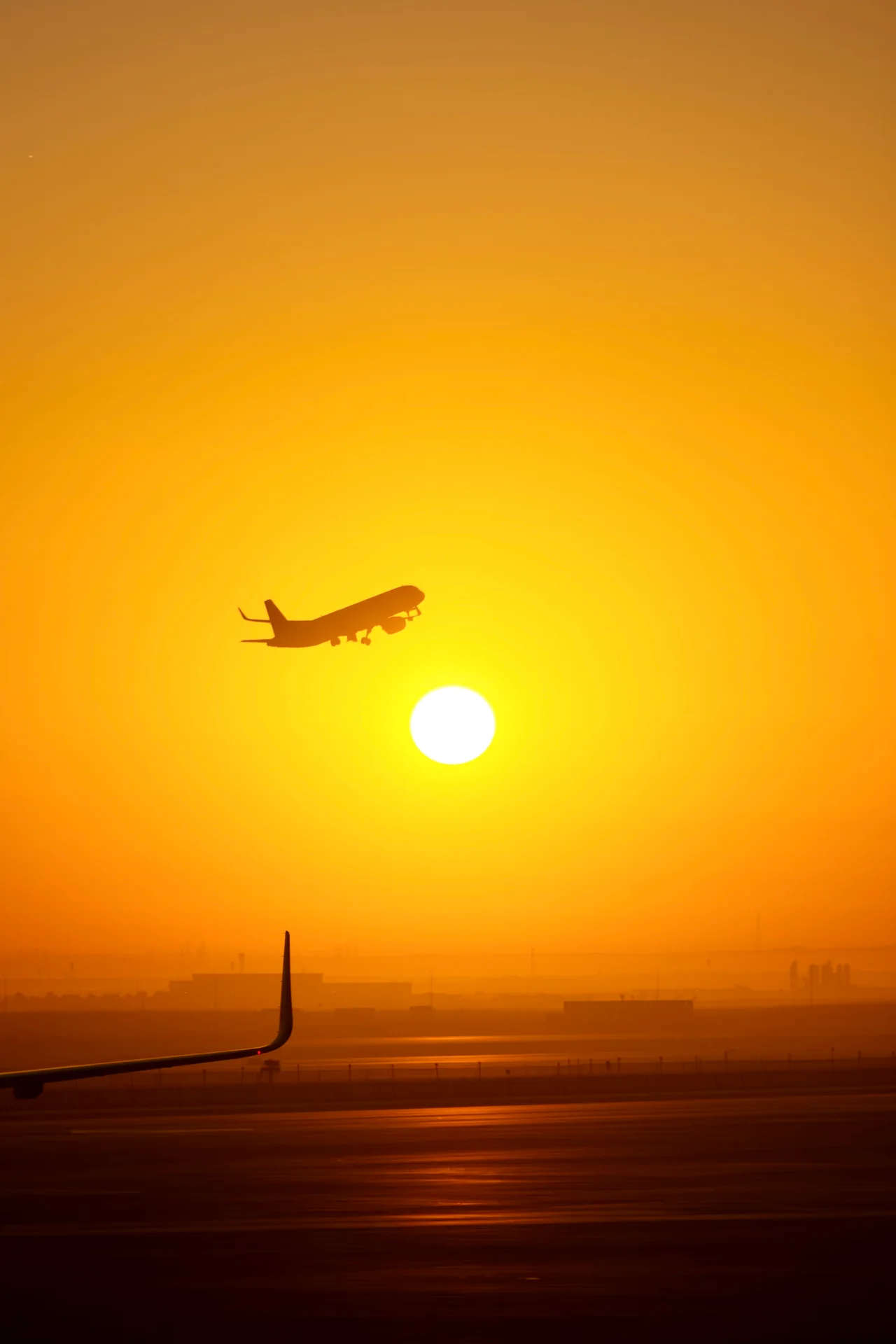 An aircraft silhouetted against the golden sunrise at Riyadh