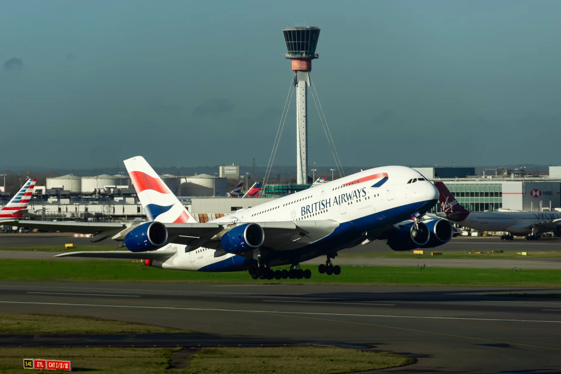 British Airways departing beside the tower